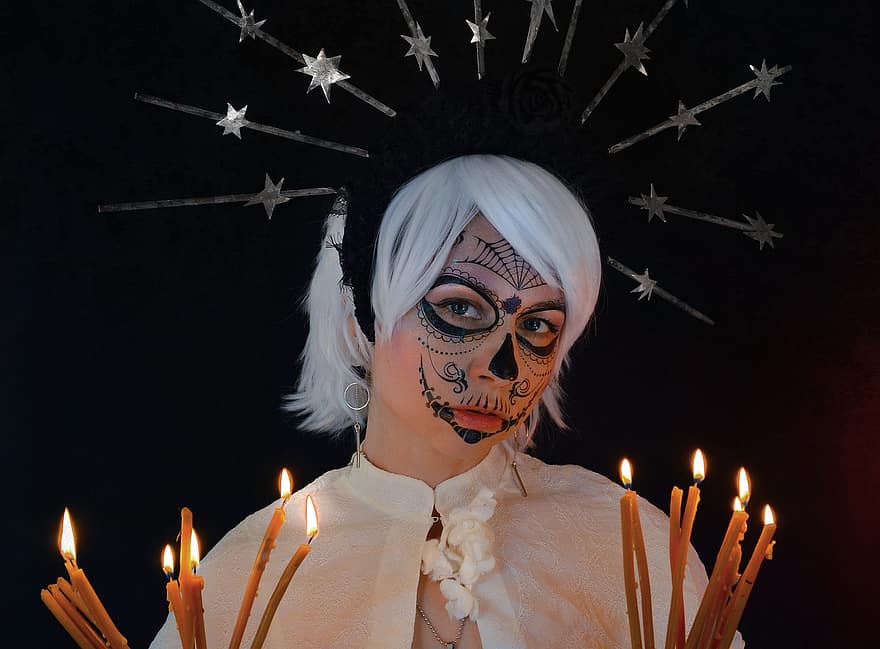 жінка, костюм, Ла Калавера Катріна, свічки, полум'я, Калавера, la catrina, Катріна, день смерті, dia de los muertos, cinco de mayo