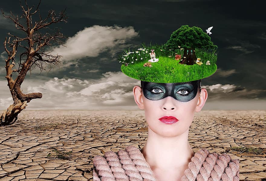 жінка, пустеля, дерево бездумне, презентація, ідея, хмари, фантазія, настрій, фантастична картинка, сюрреалістичний, реферат