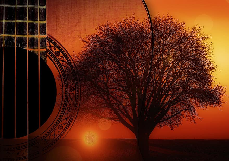 ģitāra, virknes, instrumentu, mūziku, koksne, mūzikas, skaņu, koks, vientuļš, saulrieta, laika noskaņojums