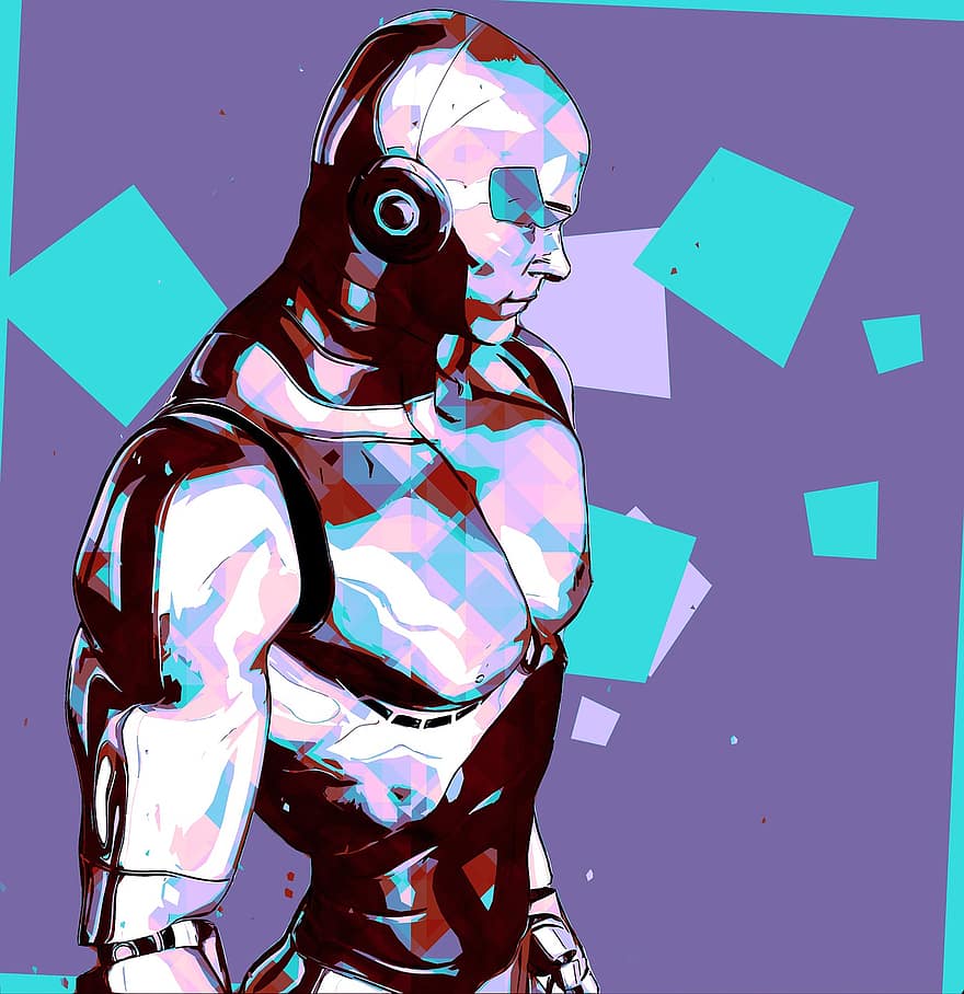 homem, muscular, robô, ciborgue, android, robótica, futuro, inteligência artificial, azul, prata, isolado