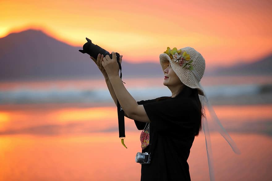 vrouw, camera, hoed, zonsondergang, strand, busan, het strand van Dadaepo