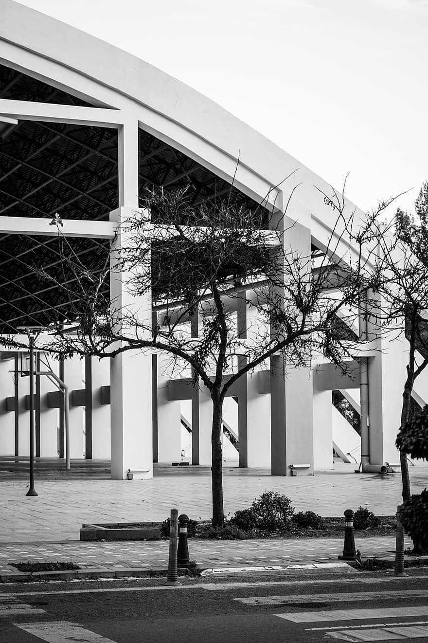 Path, Tree, Building, Structure, Architectural, Antalya, Turkey, architecture, modern, black and white, built structure