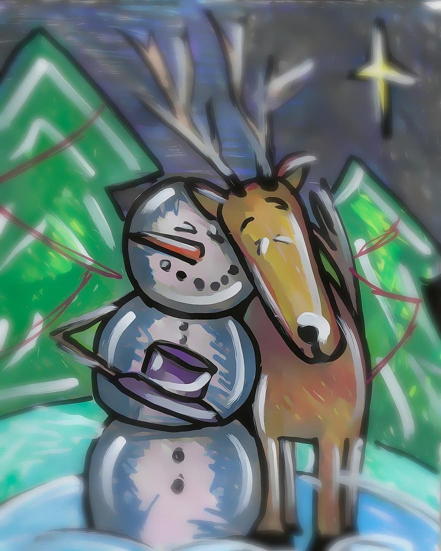 снежен човек, Коледа, Северен елен, мразовит, Рудолф, сняг, прегръдка, обичам, приятелство, зима