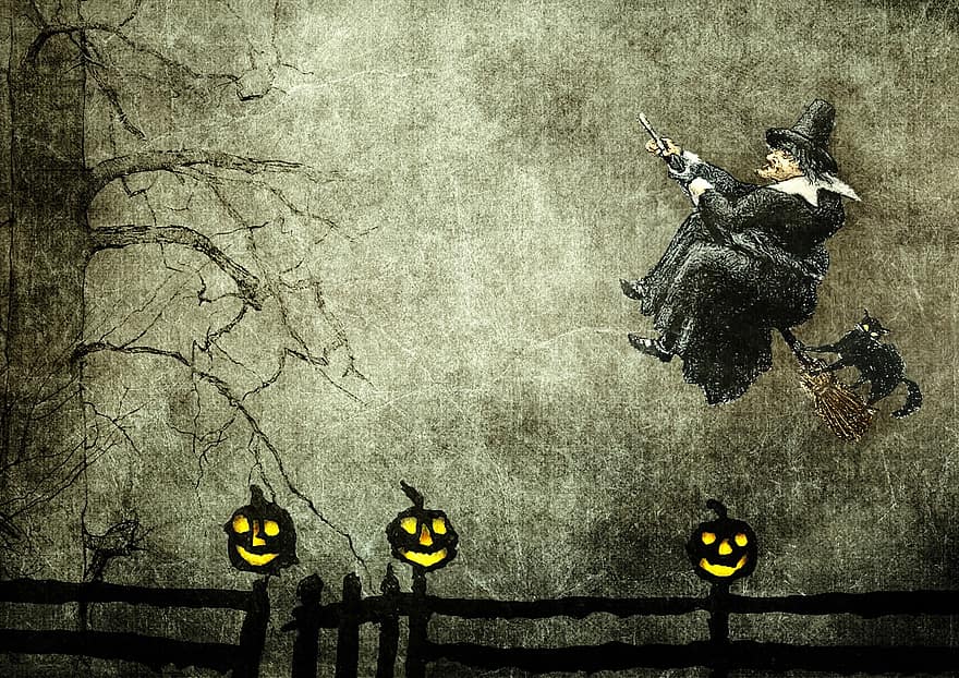 Witch, Halloween, Pumpkin, Broom, Cat, Background, Grunge, Scary, Spooky