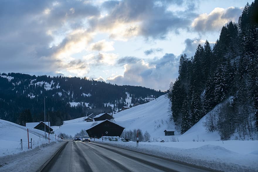 스위스, 겨울, 도로, 여행, 탐구, 자연