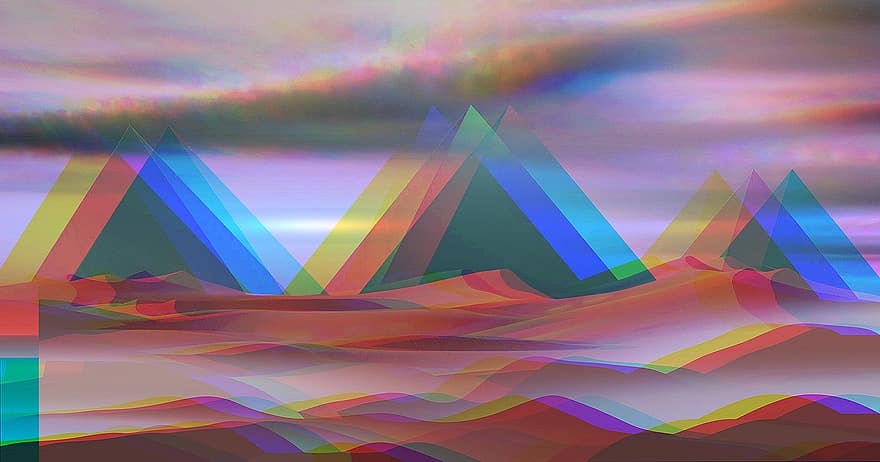 pyramide, prisme, trekant, farve, regnbue, landskab, spektrum, futuristisk, fremtid, sci fi, tech