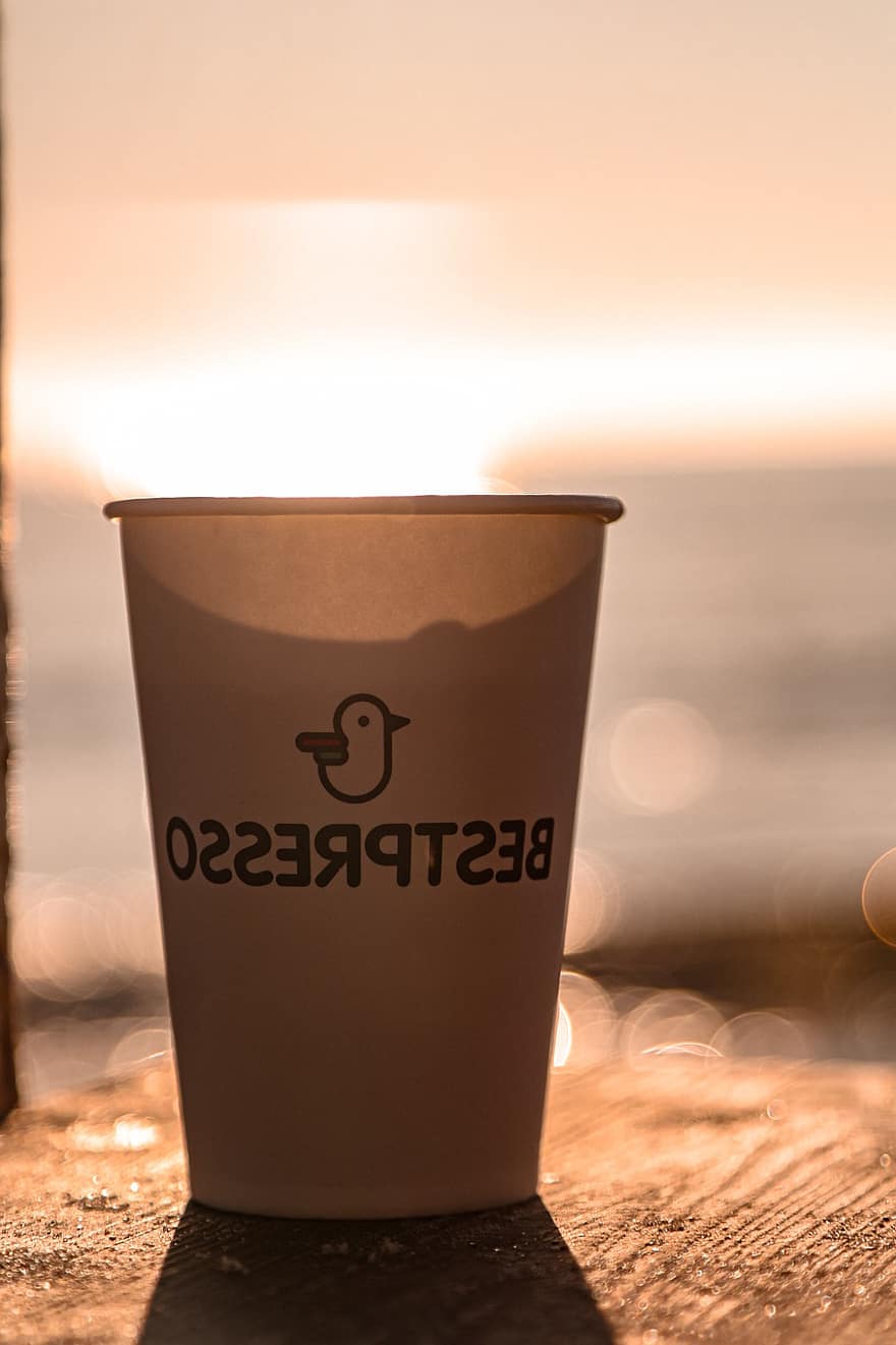 csésze, tea, napnyugta, tenger, nyári, homok, hőség, hőmérséklet, nap, vakáció, napfény