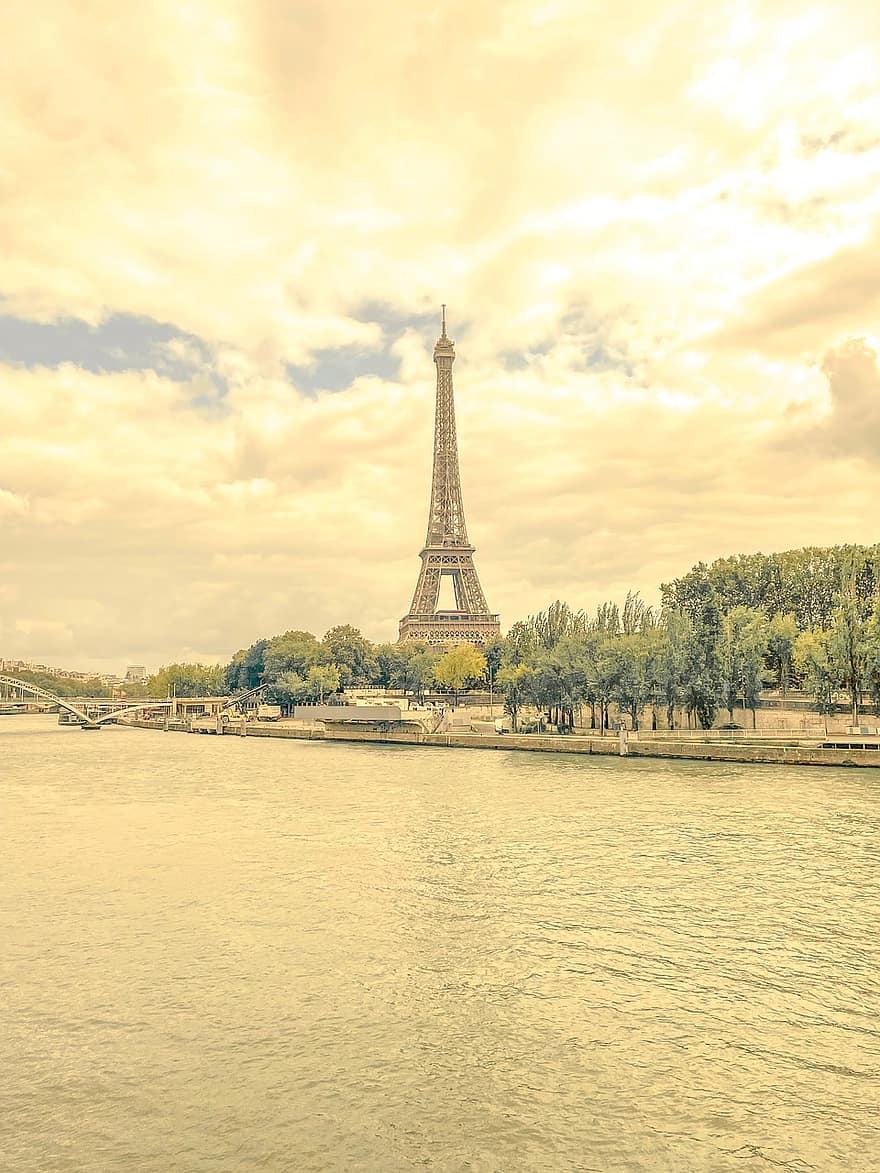 Eifeļa tornis, Parīze, Francija, upe, slavenā vieta, arhitektūra, ceļot, saulrieta, tūrismu, pilsētas ainava, ūdens