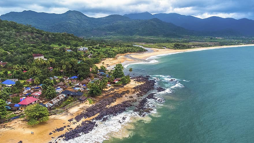 Sierra Leone, by, kyst, hav, ocean, kystlinje, bjerge, landskab, panorama