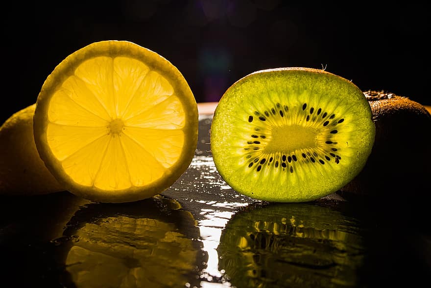 Kiwi, Limone, fette, sezione trasversale, retroilluminazione, frutta, cibo, salutare, fresco