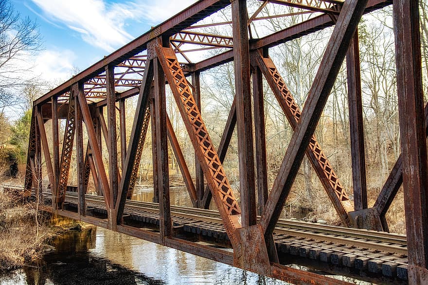jernbane bro, togspor, jernbane, landskab, gammel, arkitektur, Norwich, Connecticut, Indisk spring
