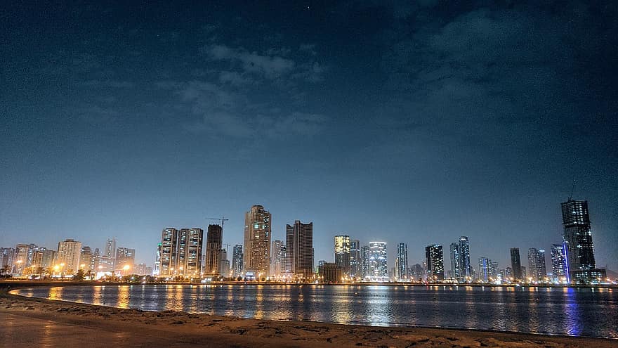 pilsēta, Dubaija, horizonts, ēkām, orientieris, metropole, pilsētas ainava, naktī, debesskrāpis, krēsla, arhitektūra