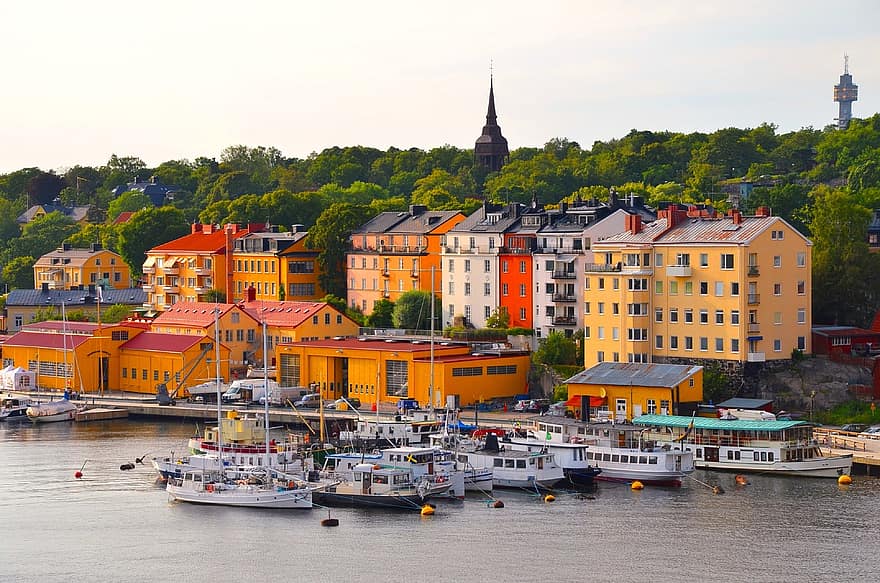 Estocolmo, Puerto, ciudad, arquitectura, edificios, Suecia, agua, barcos, urbano, frente al mar, naturaleza