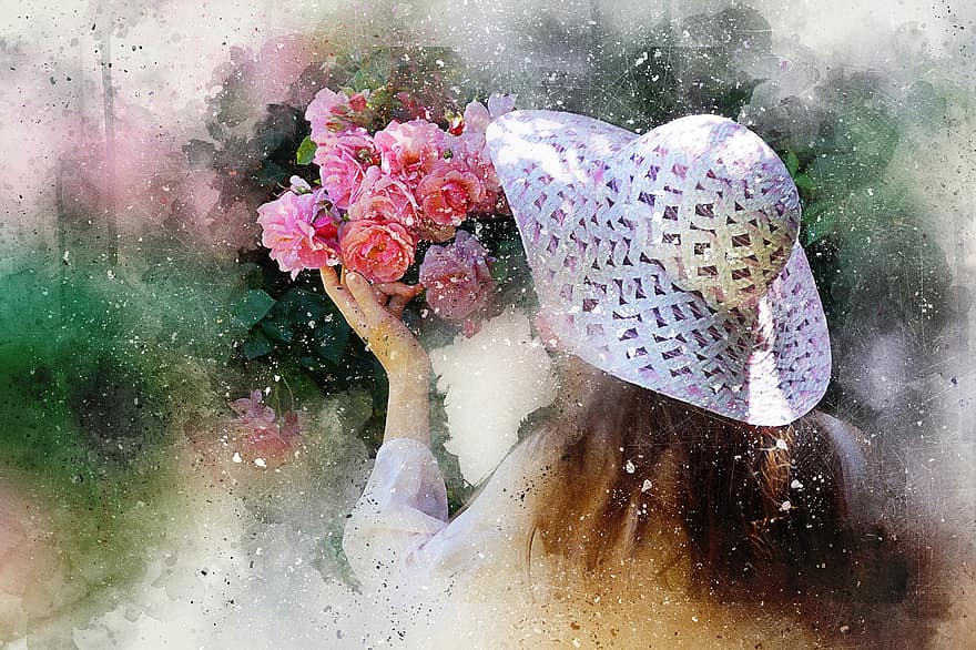 kız, Çiçekler, şapka, Sanat, doğa, soyut, suluboya, bağbozumu, güzellik, bahar, romantik