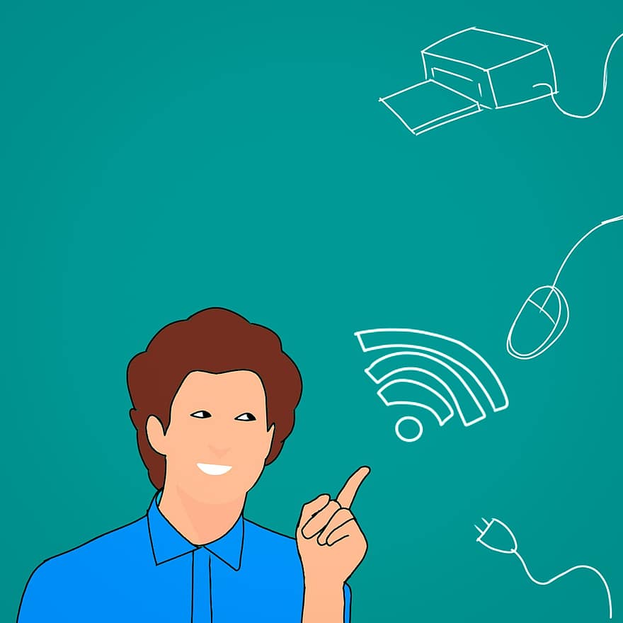 Wifi, Computer, Technology, Printing, Electronic, Man, Smiling, Pointing, Presenting, Hotspot