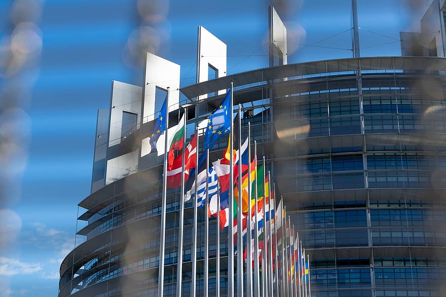 европейский дворец, Европа, флаги, Германия, звезда, флаг, Евросоюз, флаг европы, Европейская, флаг ес, Страсбург