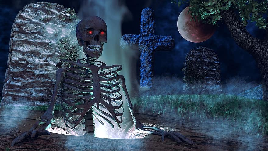 Halloween, scheletro, cimitero, tombe, raccapricciante, pauroso, 3d