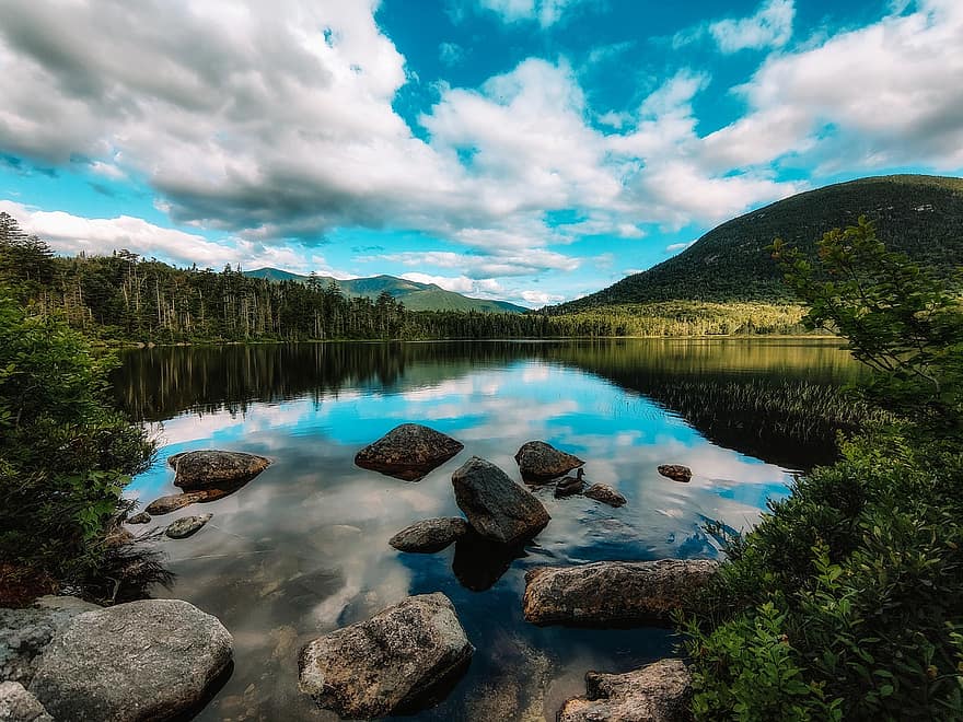 lago, montanhas, nuvens, Nova Hampshire, lago solitário, cênico, natureza, passarinhos, verão, rochas, patos