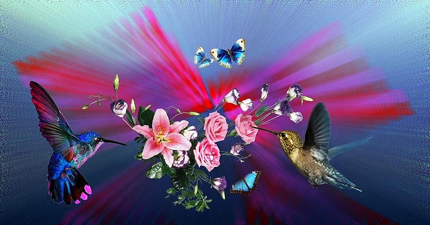 colibrì, fiori, gigli, Rose, natura, beija flor, uccelli, primavera, giardino, pianta