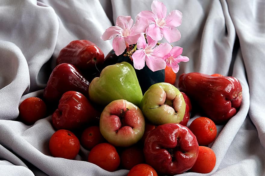 apel jawa, tomat, buah-buahan, bunga-bunga, oleander, menghasilkan, segar, flora