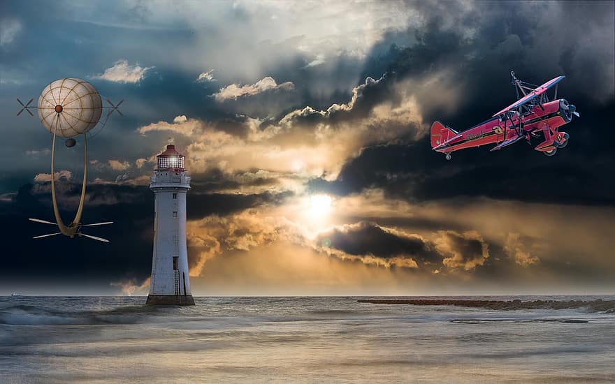 フォトモンタージュ、灯台、航空機、熱気球、輝く、イブニング、雲、日没、海洋