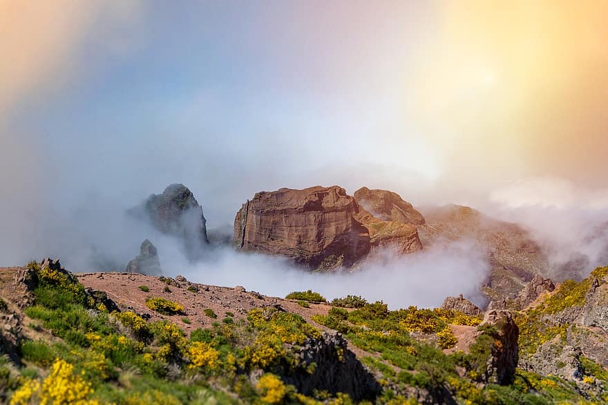 pico ruivo, spids, bjerg, tåge, madeira, Portugal, bjergtop, topmøde, natur, landskab