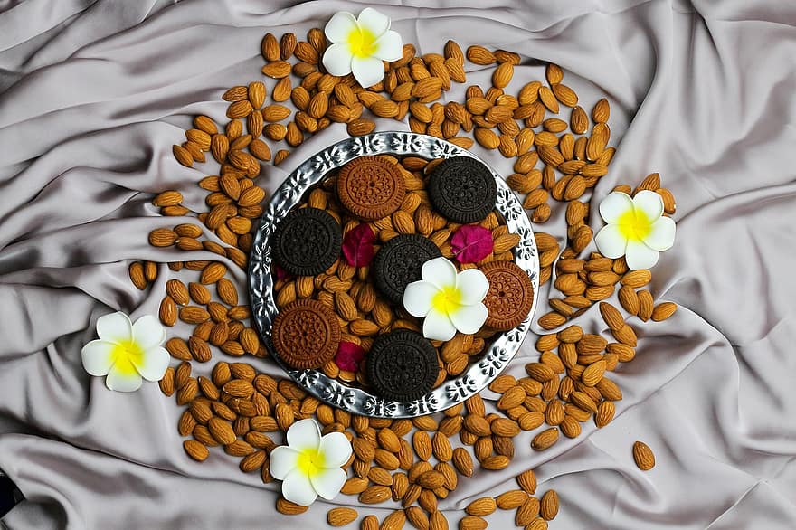 Biscuits, Almonds, Flat Lay, Flowers, Nuts, Cookies, Food, Snack, Organic, Tasty, Delicious
