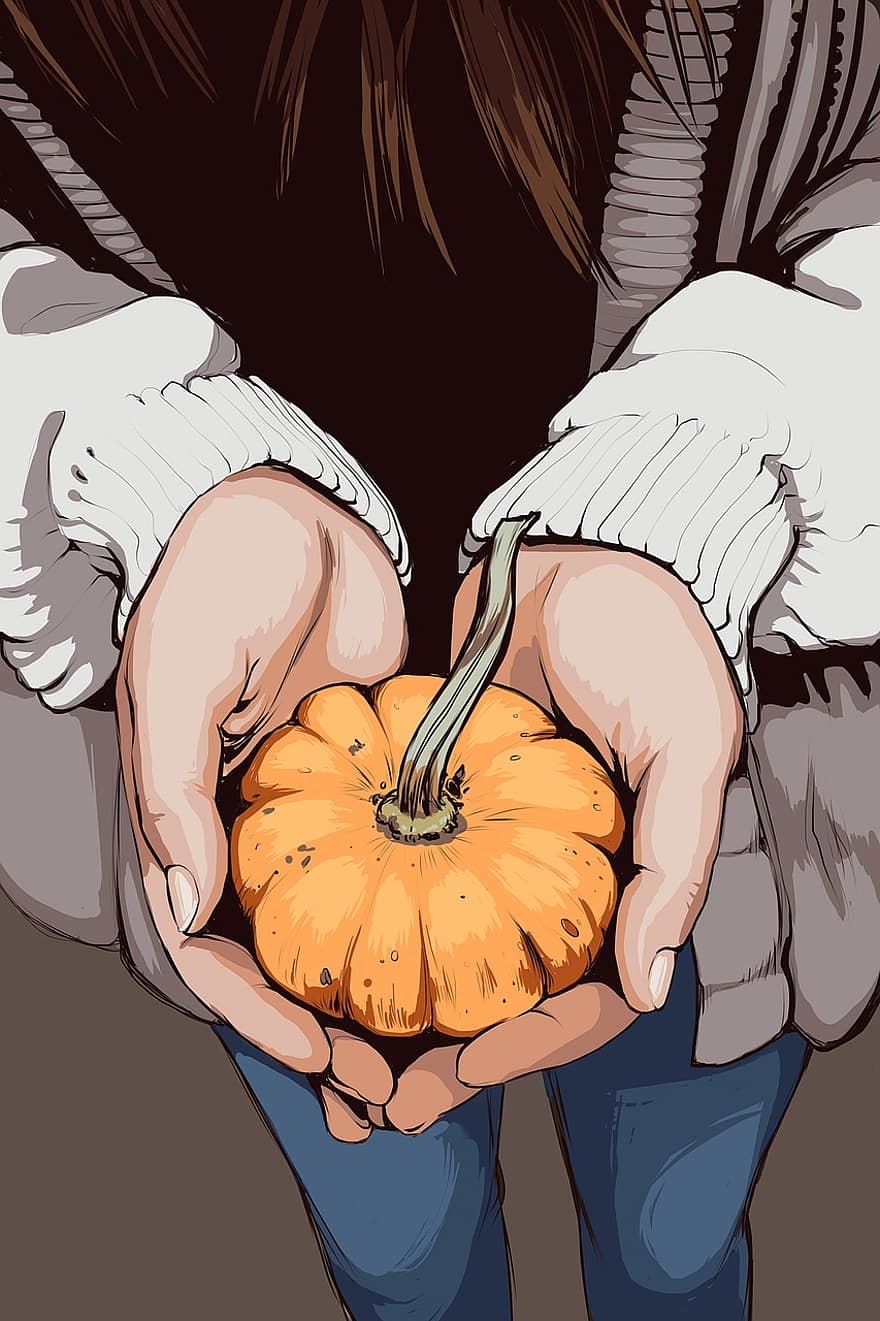 感謝祭、手、ひょうたん、かぼちゃ、秋