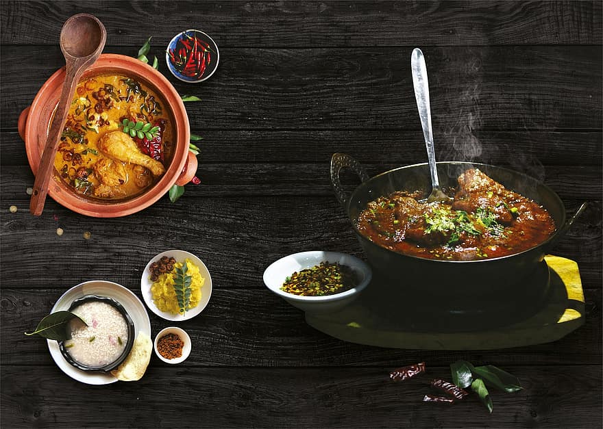 curry de cordero, pollo al curry, arroz, Arroz Mota, menú, indio del sur, asiático, comida, cocina, vegetal, mesa