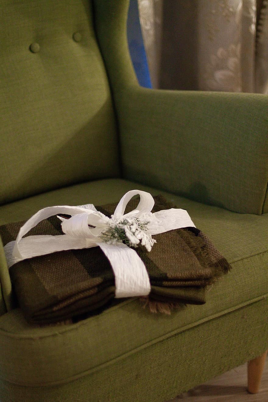 подарок, рождество, кресло, шарф, коврик