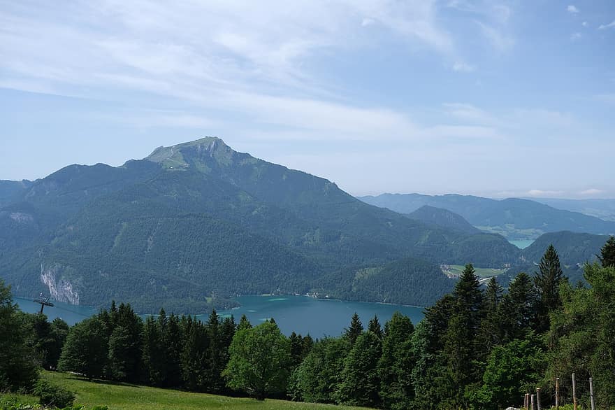 ezers, kalni, Wolfgang ezers, Austrijā, salzkammergut, brīvdienas, pārgājiens, kalns, vasarā, zils, zaļā krāsa