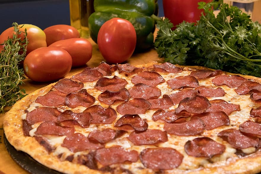 pizza, Pepperoni pizza, mad, snack, måltid, frokost, aftensmad, lækker, ernæring, bagt, køkken