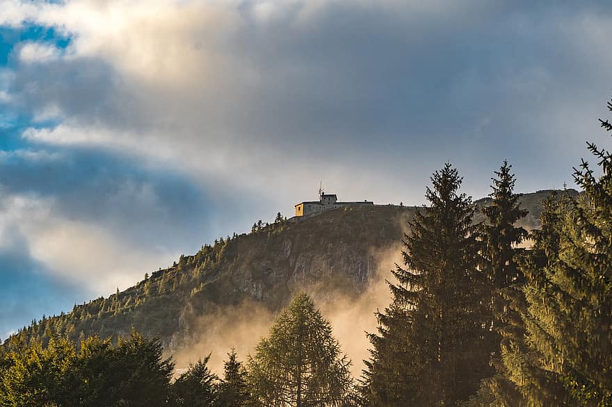 Hoàng hôn, núi, kehlsteinhaus, obersalzberg, hội nghị thượng đỉnh, sương mù, tổ đại bàng, những đám mây, phong cảnh, đỉnh cao, cây