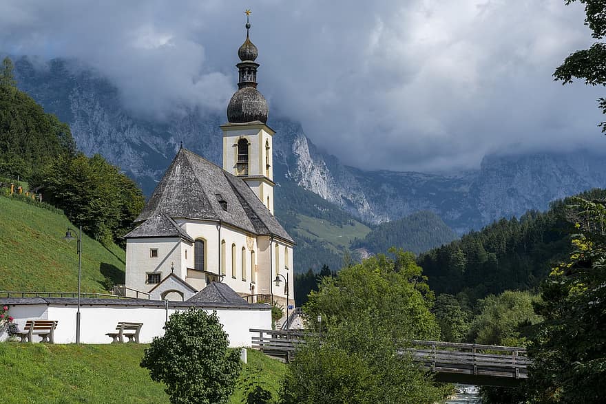 församlingskyrkan, Ramsau, bavaria, berchtesgaden, bergen, bergskedja, molnig himmel, nationalpark