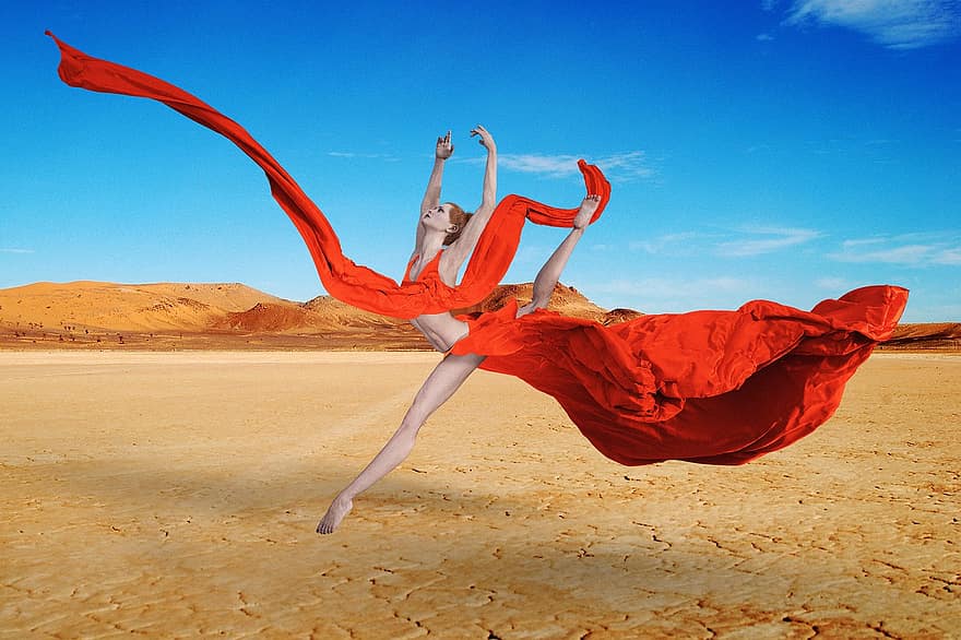 kvinne, danser, ballerina, bevege seg, ballett, hoppe, kluter, materiale, tekstil, sand, ørken