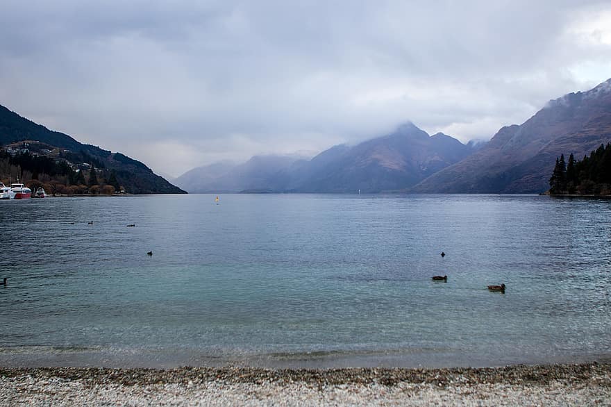 Queenstown, Nova Zelândia, lago, natureza, panorama, montanhas, agua, céu, cênico, viagem, cenário