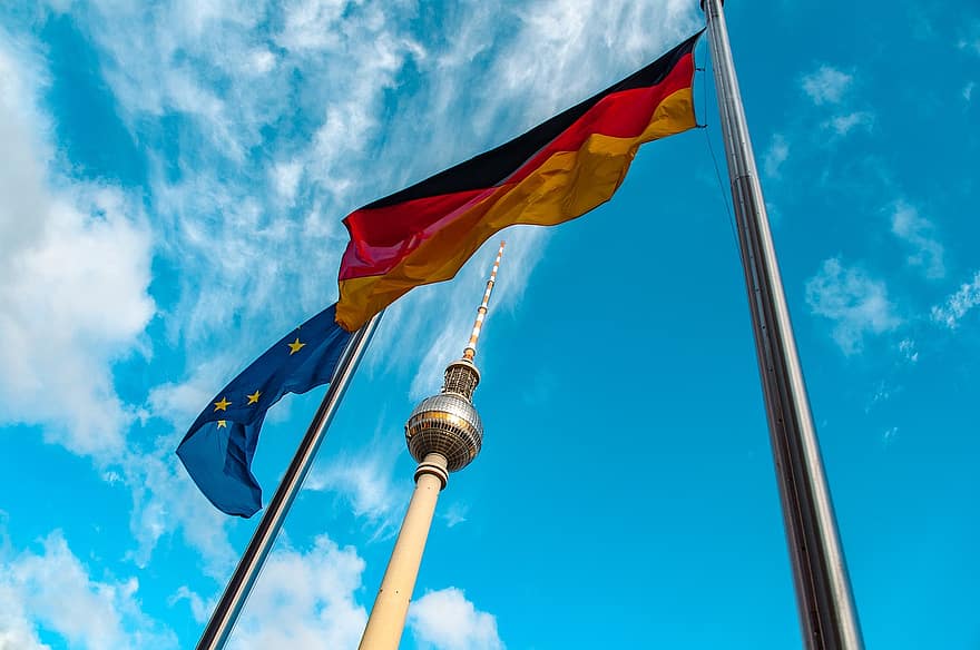 बर्लिन, जर्मनी, टेलीविजन टॉवर, सीमा चिन्ह, झंडे