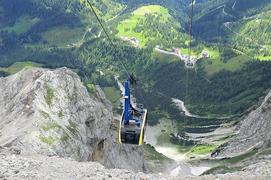kereta gantung, gondola, gunung, dachstein, Austria, kabel, perjalanan, mengangkut, lembah, kabel baja, batu