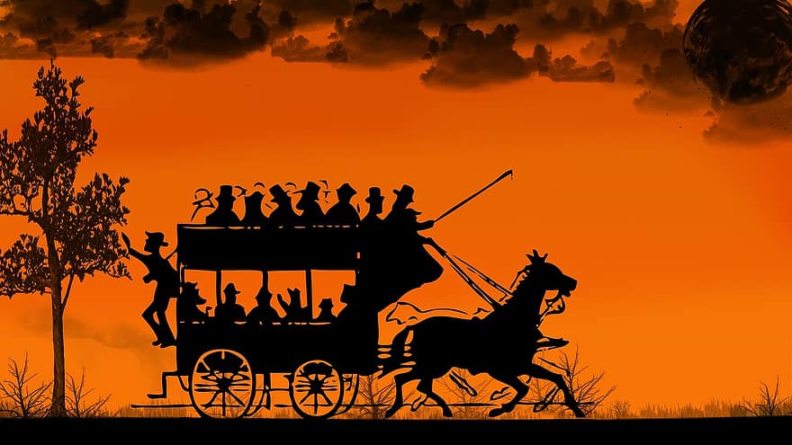Horse Drawn Carriage, Coach, Coachman, Silhouette