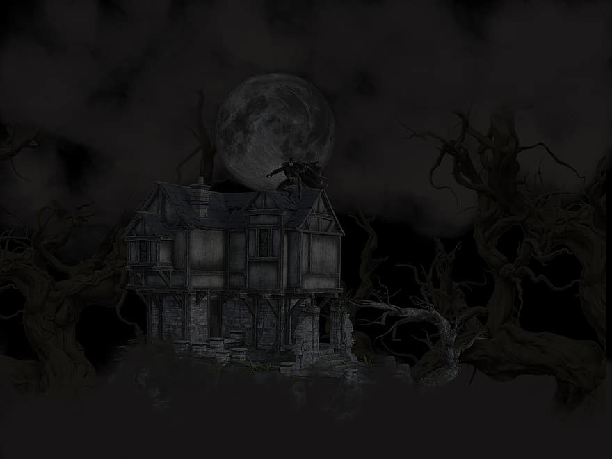 baggrund, hus, mørk, måne, batman, nat, halloween, uhyggelig, rædsel, illustration, måneskin