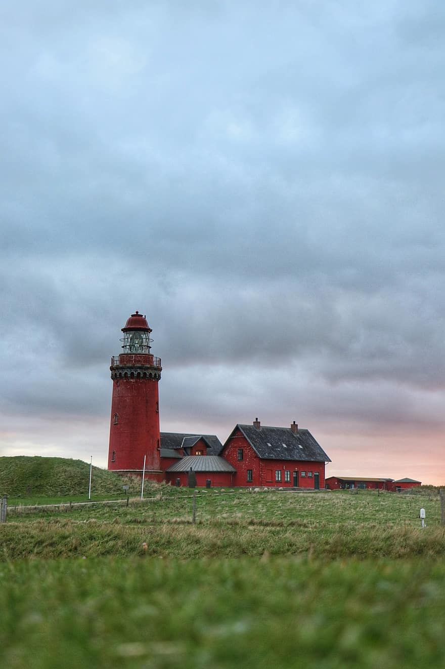 Lighthouse, Building, Structure, Grass, Pasture, Field, Sea
