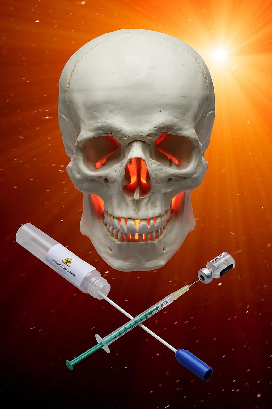 SARS-CoV-2, Pcr-Test, Schädel, Totenkopf, Impfung, Impfstoff, Spritze, Injektion, Ampulle, Probe, Covid
