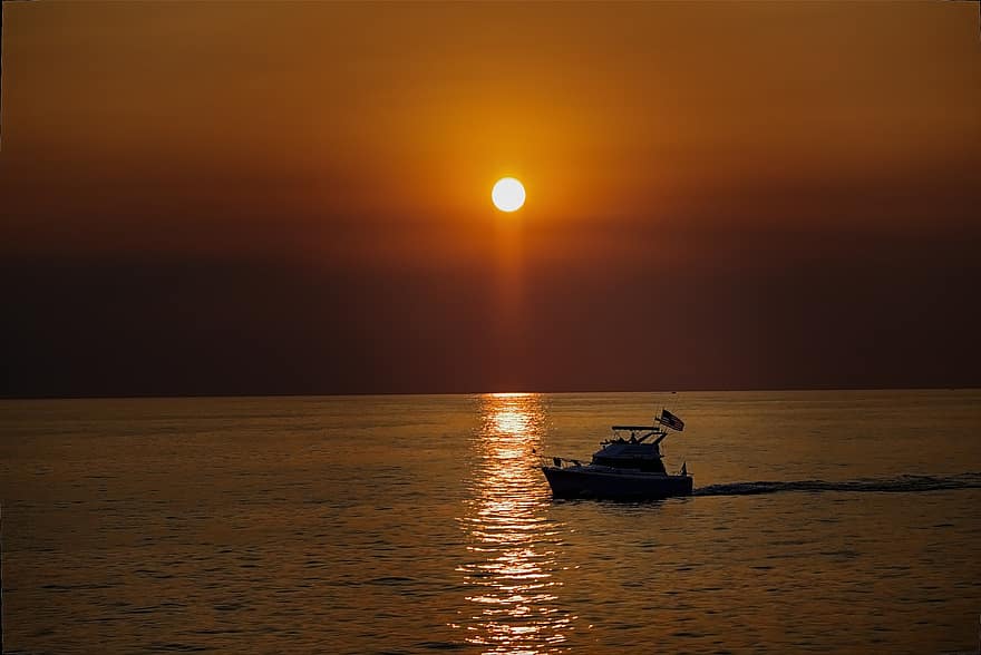 Güneş, gün batımı, kırmızı, gökyüzü, tekne, yansımalar, huzurlu, balıkçı teknesi