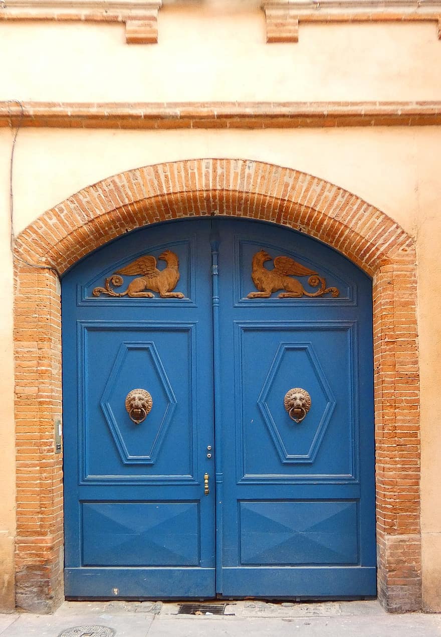ajtó, faipari, griffmadár, bejárat, régi, történelmi, építészet, Occitania, zárva, kereszténység, elölnézet