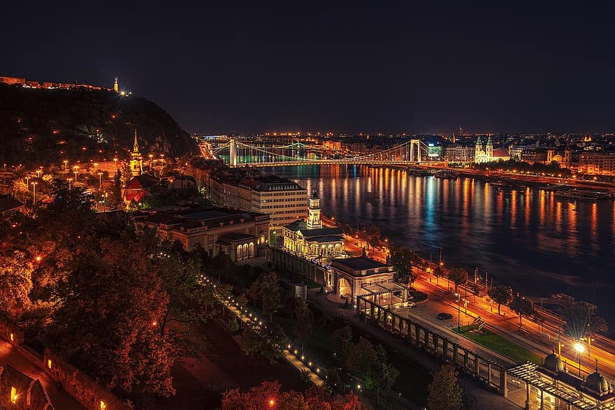 pilsēta, ceļot, tūrismu, budapests, Ungārija, pilsētas ainava, tilts, naktī, krēsla, izgaismots, pilsētas panorāma