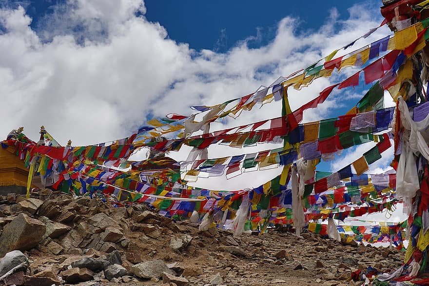 bønflagge, buddhist, Khaduungla, Ladakh, mantra, bøn, åndelig, buddhisme, religion, multi farvet, tibetansk kultur