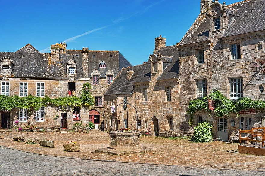 kylä, kylän aukio, vanha kylä, Historiallinen sivu, vanha kaupunki, keskiaikainen, talot, vanhoja taloja, ranskalainen kylä, Locronan, Bretagne