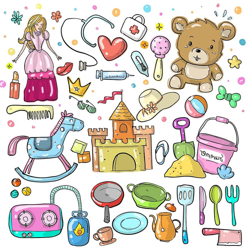 bébé, équipement, enfant, esquisser, main, icône, ensemble, fille, aliments, sourire, dessin animé