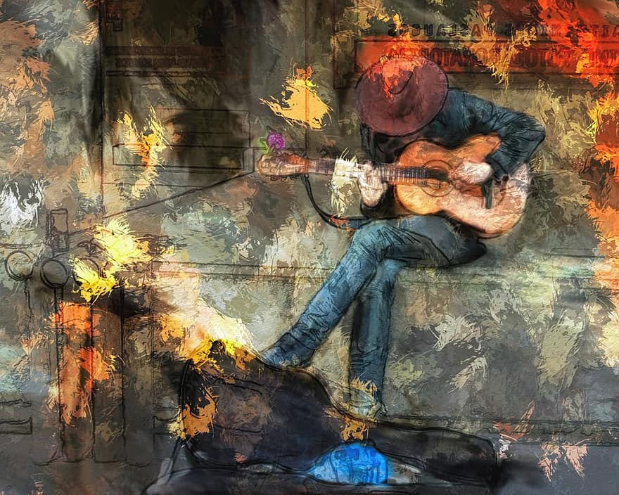 Music, Guitar, Man, Musician, Acoustic, Guitarist, Performance, Instrument, Song, Abstract, Colorful