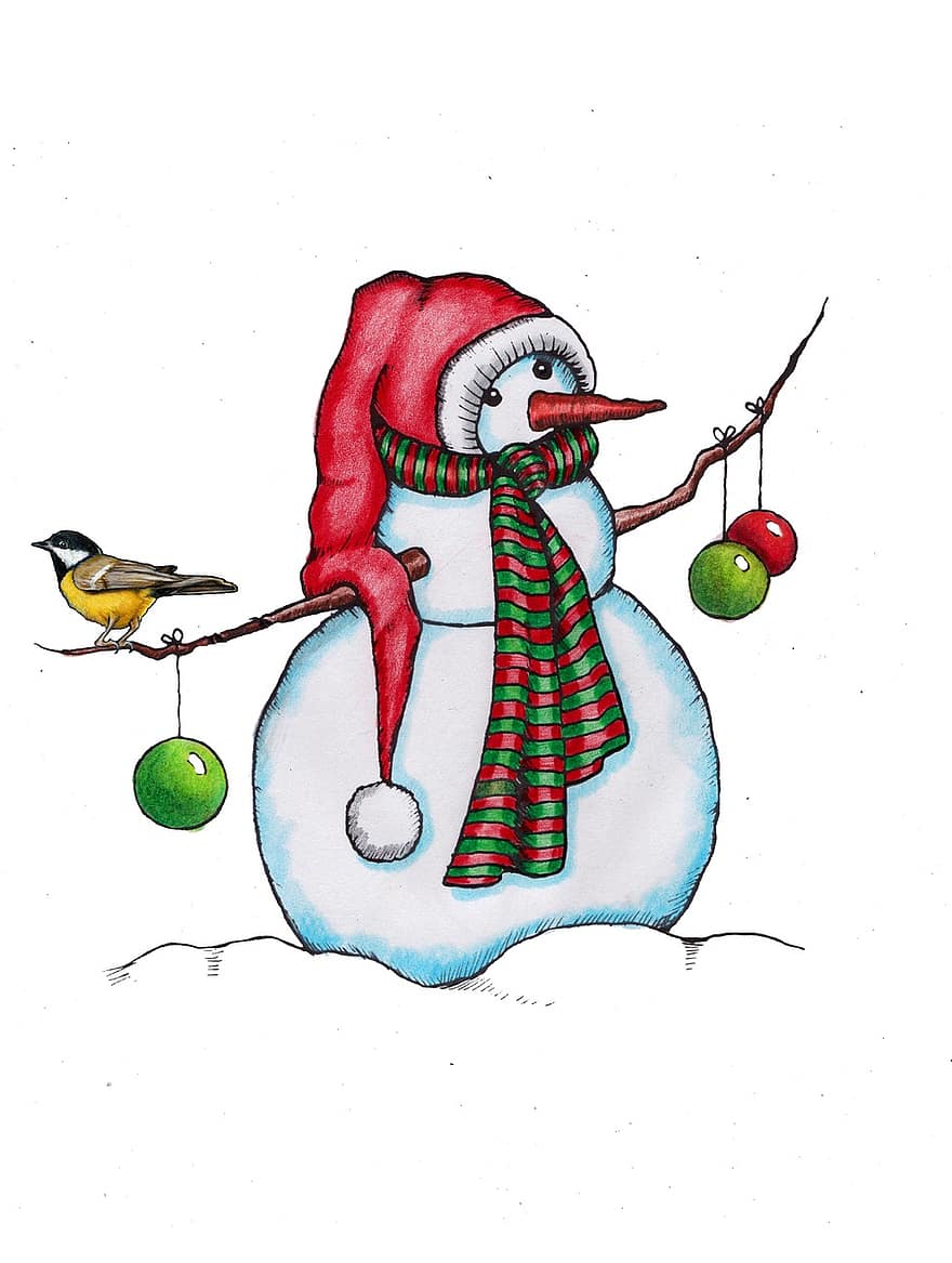 monigote de nieve, invierno, pájaro, paro, adornos de navidad, bufanda, sombrero, gorro de cocinero, rojo y verde, vacaciones, al aire libre